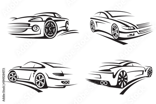 collection of monochrome cars isolated on white background