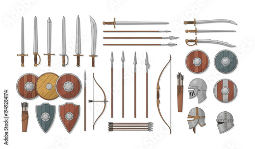 Collection of Medieval swords and armor weapons.