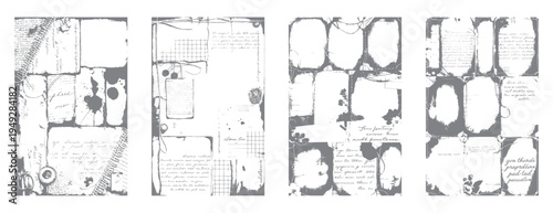 Vintage collage of handwritten text and floral in grey tones. Collage of aged paper textures and script writing. Abstract grunge with handwritten script and floral motifs