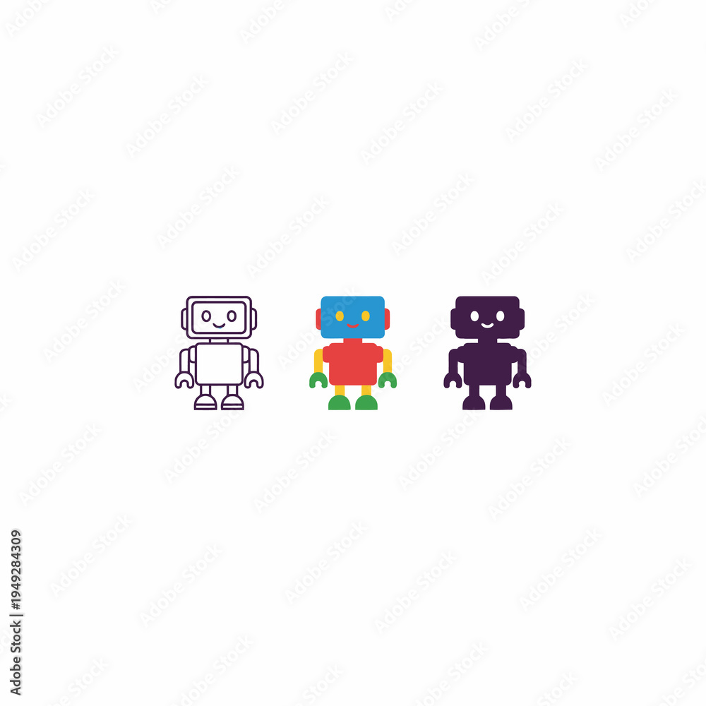 Fototapeta premium Robot Character Icons Set in Flat and Line Style