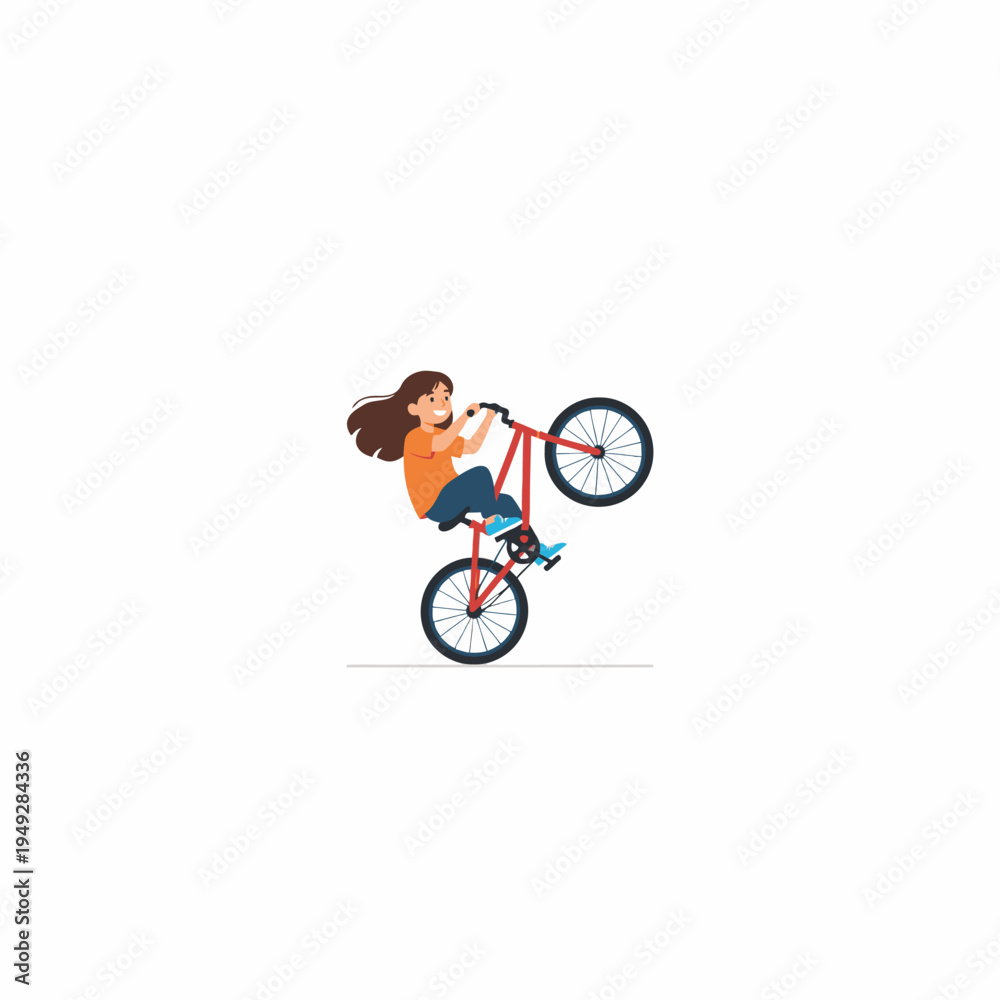 Fototapeta premium Girl doing wheelie stunt on red bicycle vector illustration
