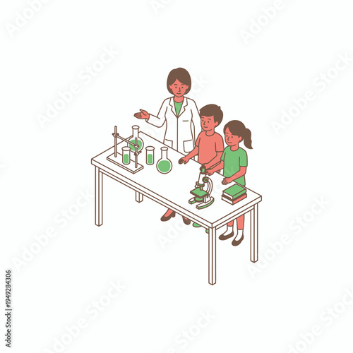 Teacher and children conducting science experiment in laboratory