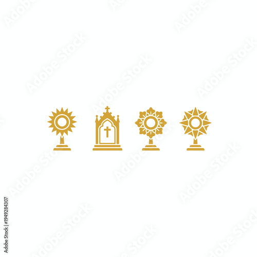 Catholic monstrance and tabernacle gold icon set on white background