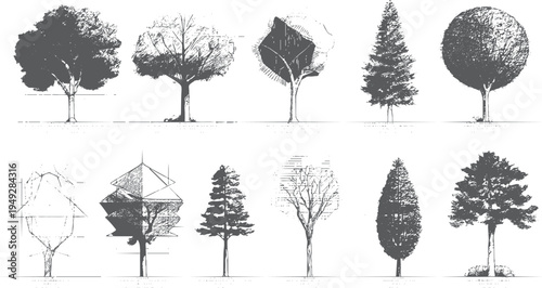 Collection of ten diverse tree in grey scale showing various shapes and textures outline silhouette