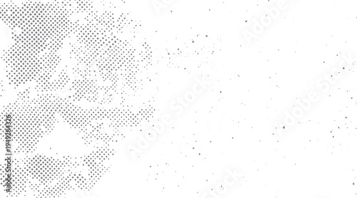 Grey halftone dots scattered across a white background with a textured effect abstract pattern
