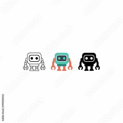 Robot character icon set in outline flat and silhouette styles