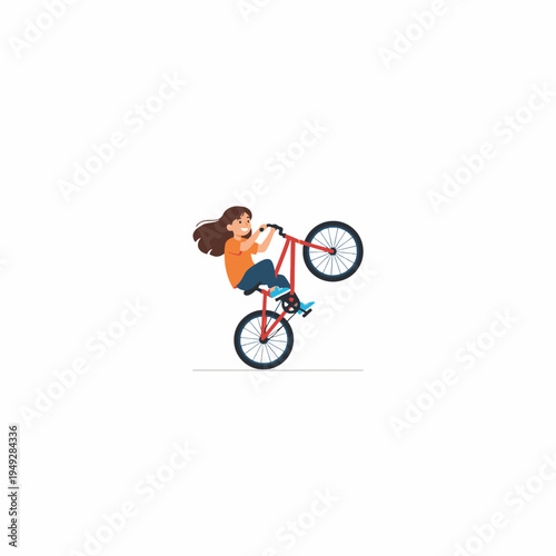 Girl doing wheelie stunt on red bicycle vector illustration