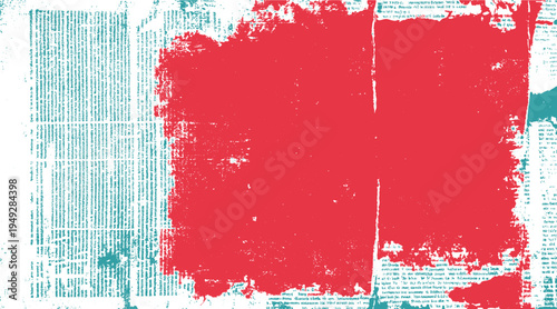 Textured red paint splash over distressed teal newspaper print background abstract grunge