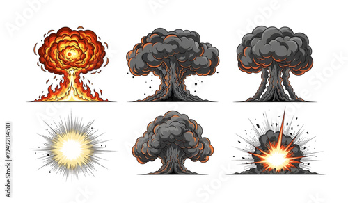 Collection of Nuclear explosion mushroom cloud blast.
