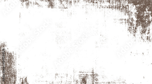 Brown textured grunge overlay with scattered dots and lines on white background. Faded newspaper print effect