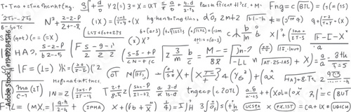 Handwritten mathematical equations and formulas on a white background with gray scribbled text and symbols
