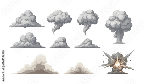 Collection of Explosion Cloud Smoke Mushroom Atomic Blast.