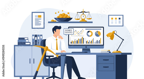 Man in office analyzing financial data on computer screen.