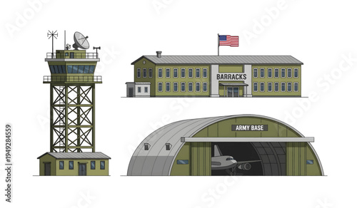 Collection of Military aircraft hangar and control tower.
