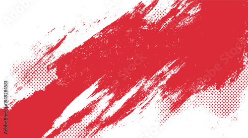 Red abstract paint brush strokes and halftone dots on white background texture