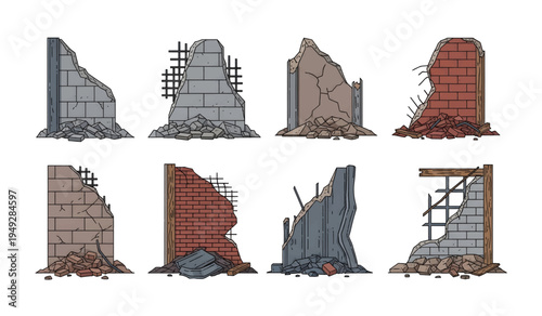 Collection of Damaged brick wall sections closeup details.