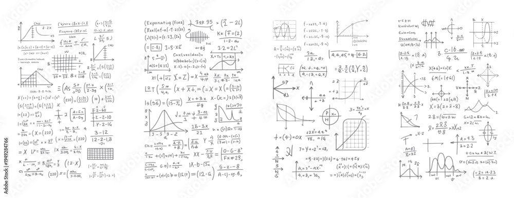 Fototapeta premium Hand drawn mathematical equations and graphs on white background mathematics formula