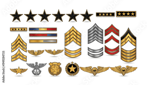 Collection of Military insignia and rank badges.
