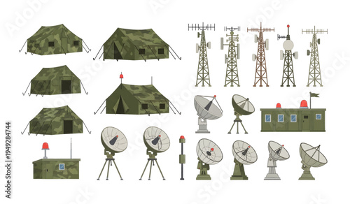 Collection of Military Communication Equipment and Tents.