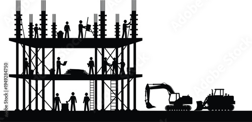 Construction site vector illustration, multi-level building structure, workers with helmets and tools, excavator and bulldozer machinery, teamwork concept, urban development, engineering project, 