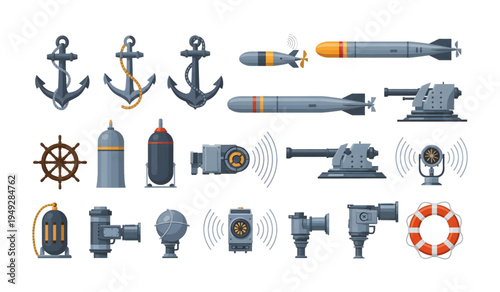 Collection of Nautical objects and ship equipment.