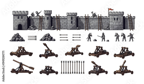 Collection of Medieval Catapult Siege Weapons Illustration.