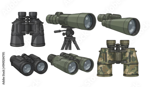 Collection of Variety of Binoculars on Display.