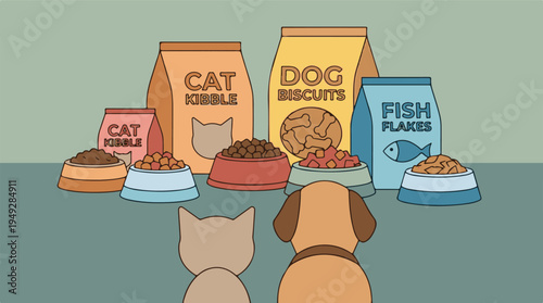 Flat illustration of pet food for cat, dog, and fish with animals