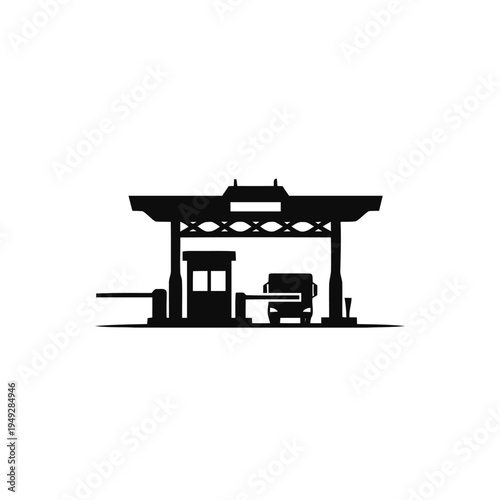A black silhouette depicts a vehicle approaching a toll booth structure with barriers raised and lowered for passage.