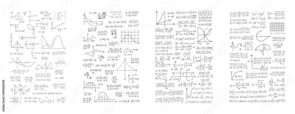 Obraz premium Hand drawn mathematical equations graphs and diagrams on white paper with handwritten formulas and calculations