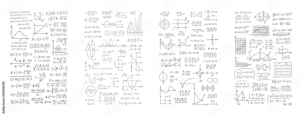 Obraz premium Handwritten mathematical equations and graphs on white paper with various formulas and diagrams mathematics