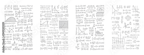 Hand drawn mathematical equations and graphs on white paper with various formulas and diagrams mathematics