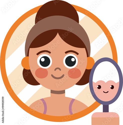 self care routine, woman doing skincare in front of mirror, flat vector illustration, white background