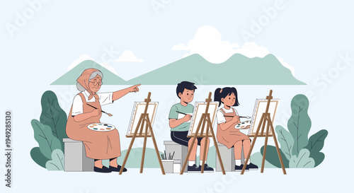 People Painting Outdoors Together.
