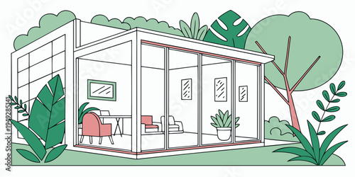 A cozy, modern house nestled in a lush, green environment with a small garden