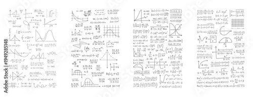 Hand drawn mathematical equations graphs and diagrams on white paper with handwritten formulas and calculations