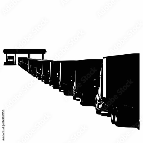 A long line of semi-truck trailers queues up at a remote refueling station beneath an overhang structure.