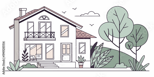 A charming two-story house with a balcony and a tree in the front yard