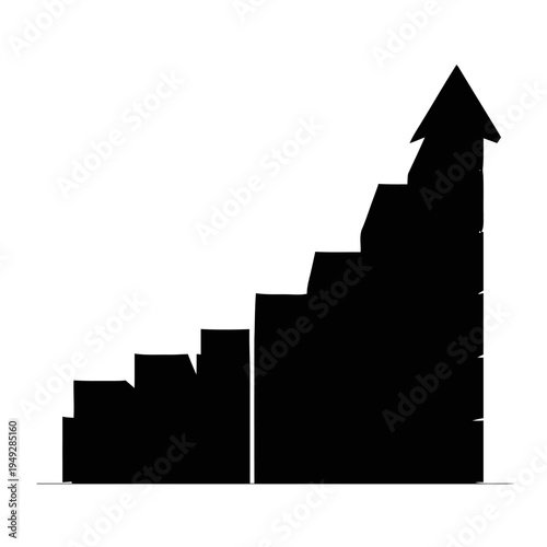 Black silhouette of a rising bar chart with an upward pointing arrow indicates positive growth and success.