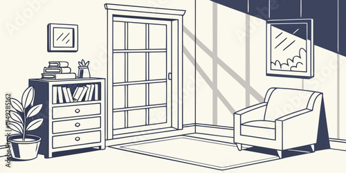 A cozy living room with a large window and a comfortable armchair