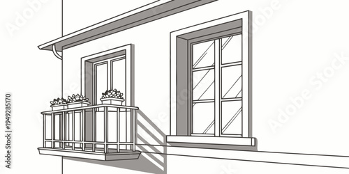 A charming balcony with potted plants and a window view of the street below