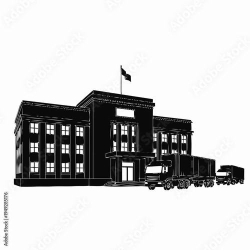 A large government building facade is shown with a procession of trucks and trailers approaching the entrance, representing federal logistics.