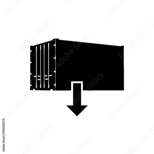 A solid black shipping container silhouette is positioned above a downward-pointing arrow, indicating unloading or delivery.