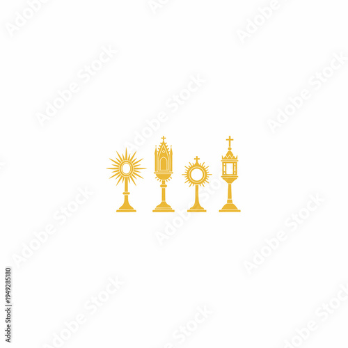 Golden Monstrance and Reliquary Icons Set Isolated on White