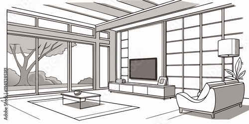 A cozy living room with traditional japanese decor and a view of a serene garden.