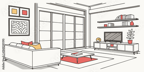 A modern living room with a large window and a cozy seating area.