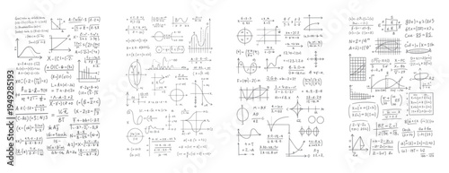 Handwritten mathematical equations and graphs on white paper with various formulas and diagrams mathematics
