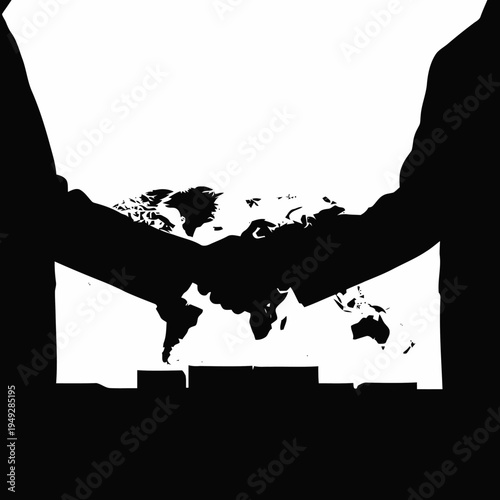 Two business people shake hands above a simplified world map, symbolizing international agreement and global partnership in silhouette.