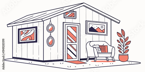 A quaint house with a patriotic theme and a small garden in front.