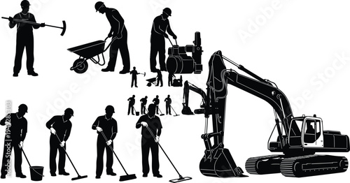 Construction workers silhouette vector illustration, industrial labor activities, sweeping, wheelbarrow, heavy machinery, teamwork concept, pickaxe tool, excavator equipment, black and white design